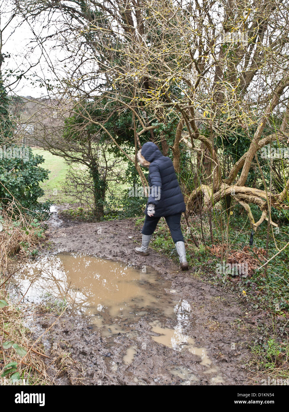 A wrapped up woman attempts to make her way around a muddy puddle during a winter downpour. Stock Photo
