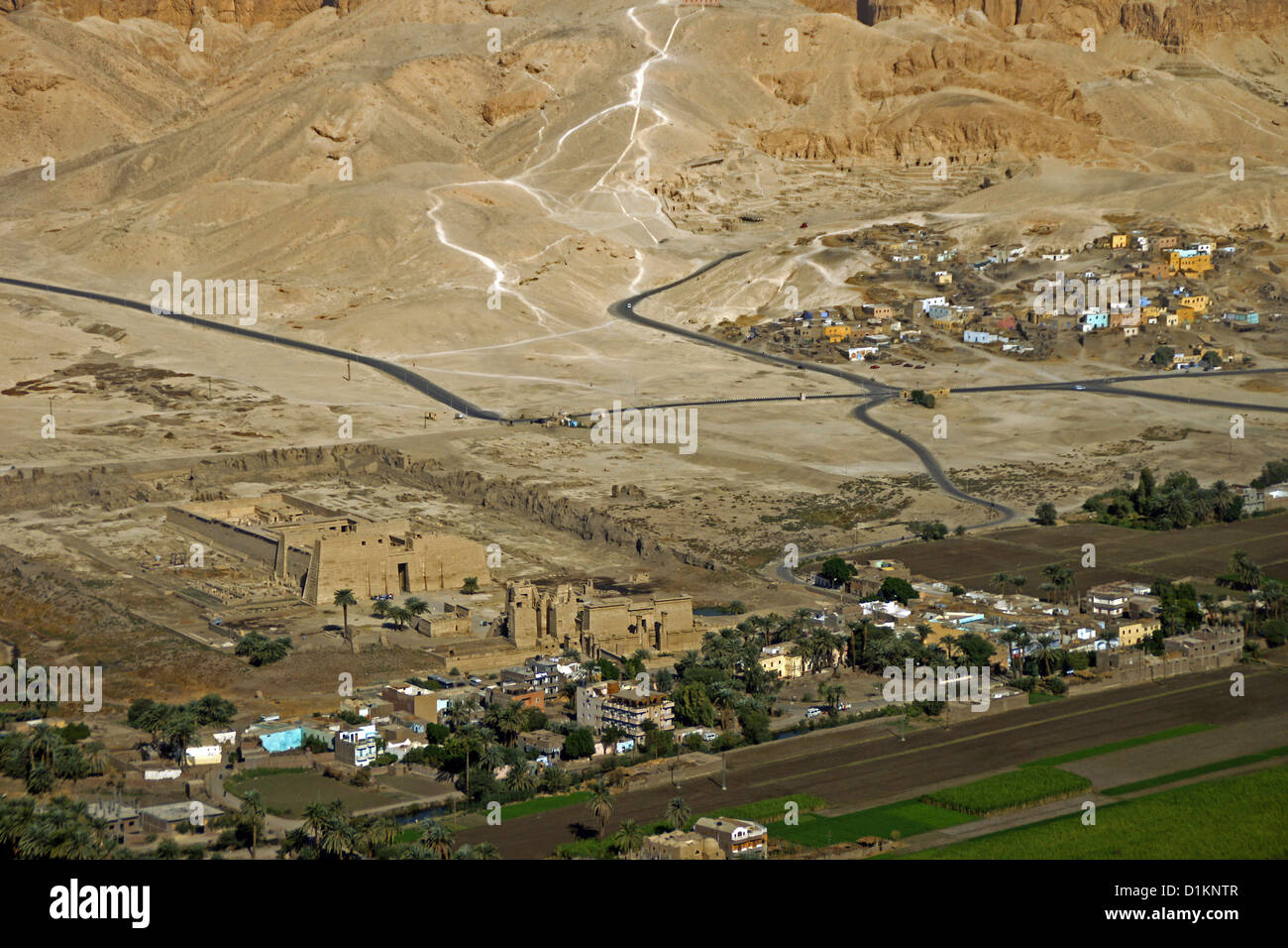 Egypt Luxor Nile river valley from the air west bank Temple of Medinat