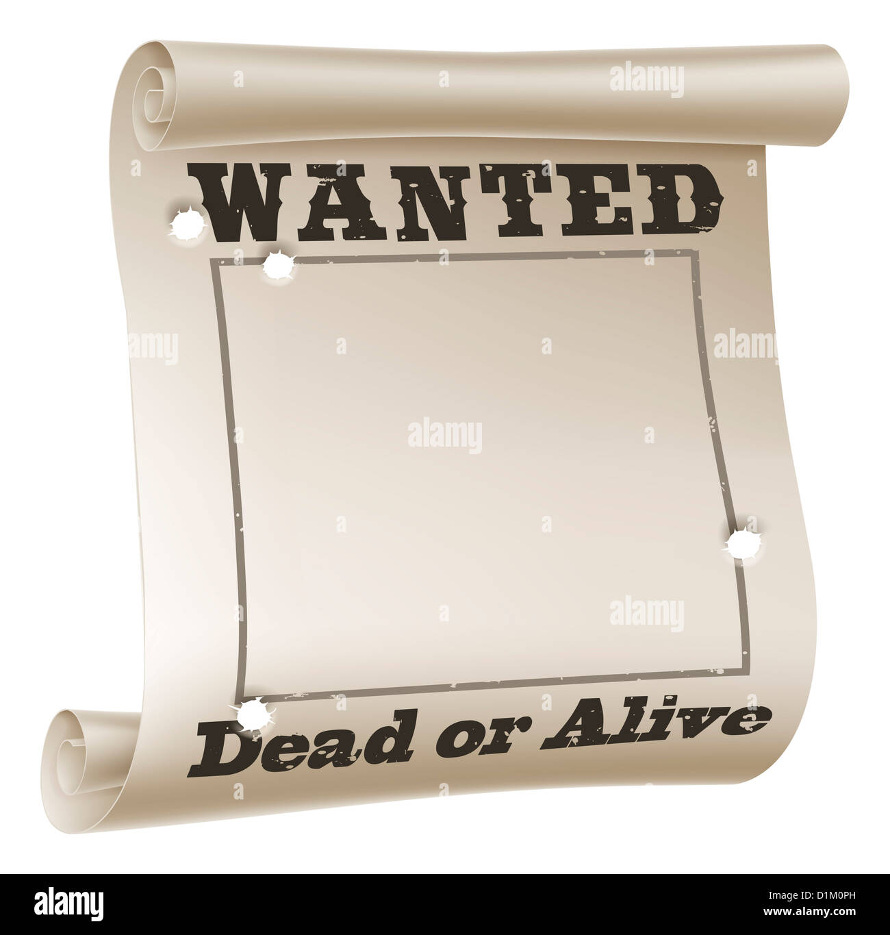 A blank wanted poster with text saying wanted dead or alive and bullet holes Stock Photo