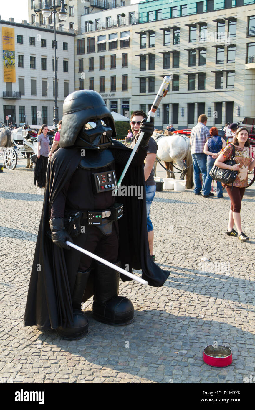Darth Vader Actor at the Brandenburg Gate in Berlin, Germany Stock Photo