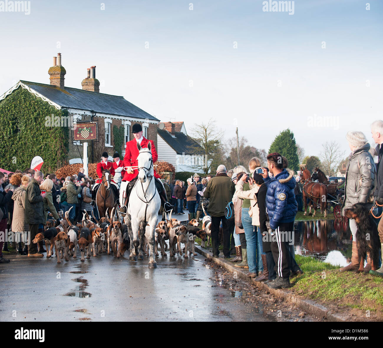 Foxhunting.  The Essex Hunt at Matching Green Village for the traditional Boxing Day meet. Stock Photo