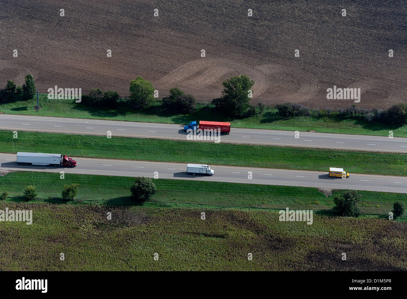 aerial photograph trucks Interstate I-80 western Illinois Stock Photo