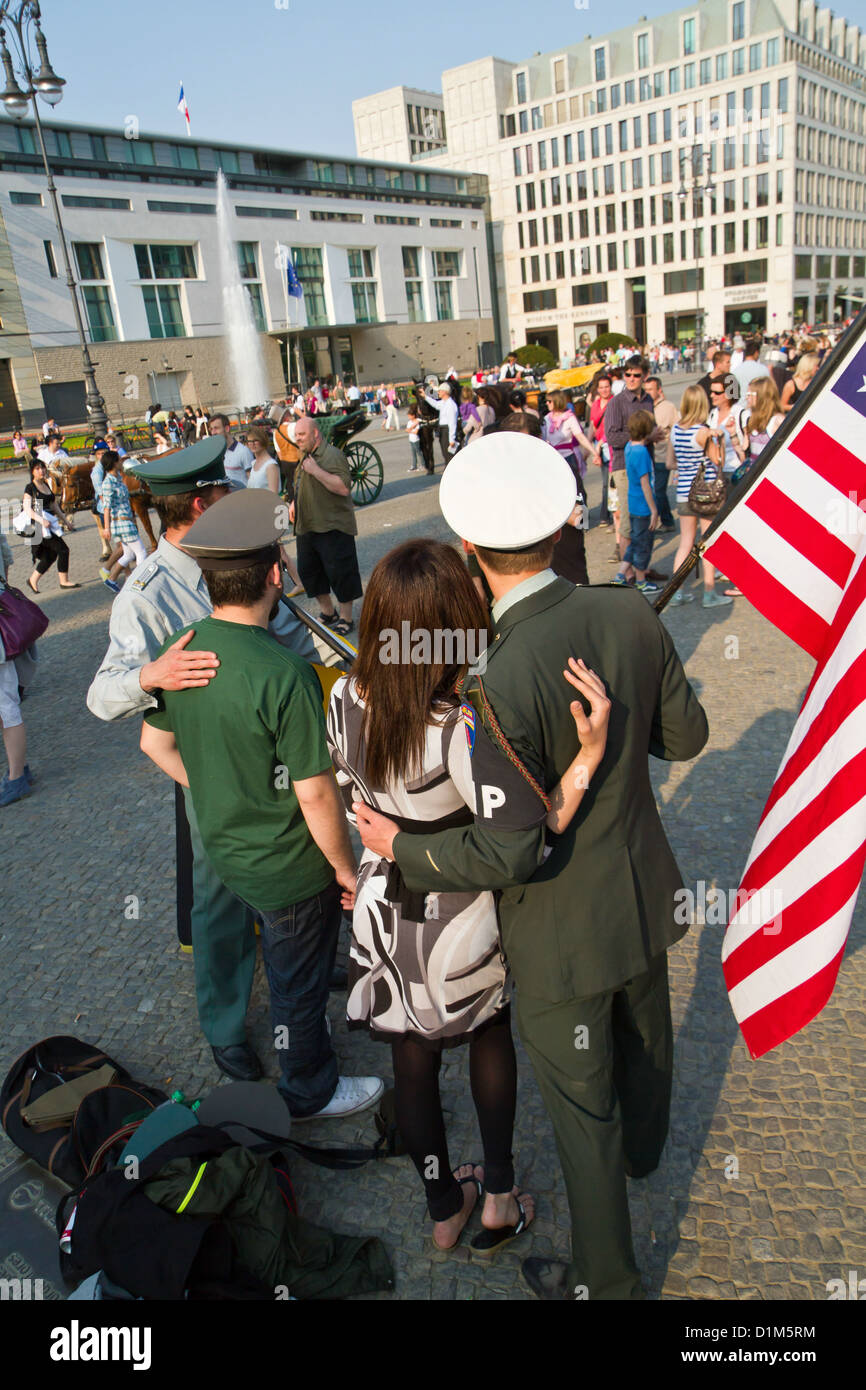 Actors as Soldiers of the former Occupation Forces at the Brandenburg Gate in Berlin, Germany Stock Photo