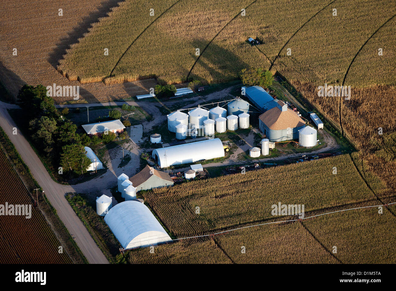 aerial photograph grain storage bins silos Iowa Stock Photo