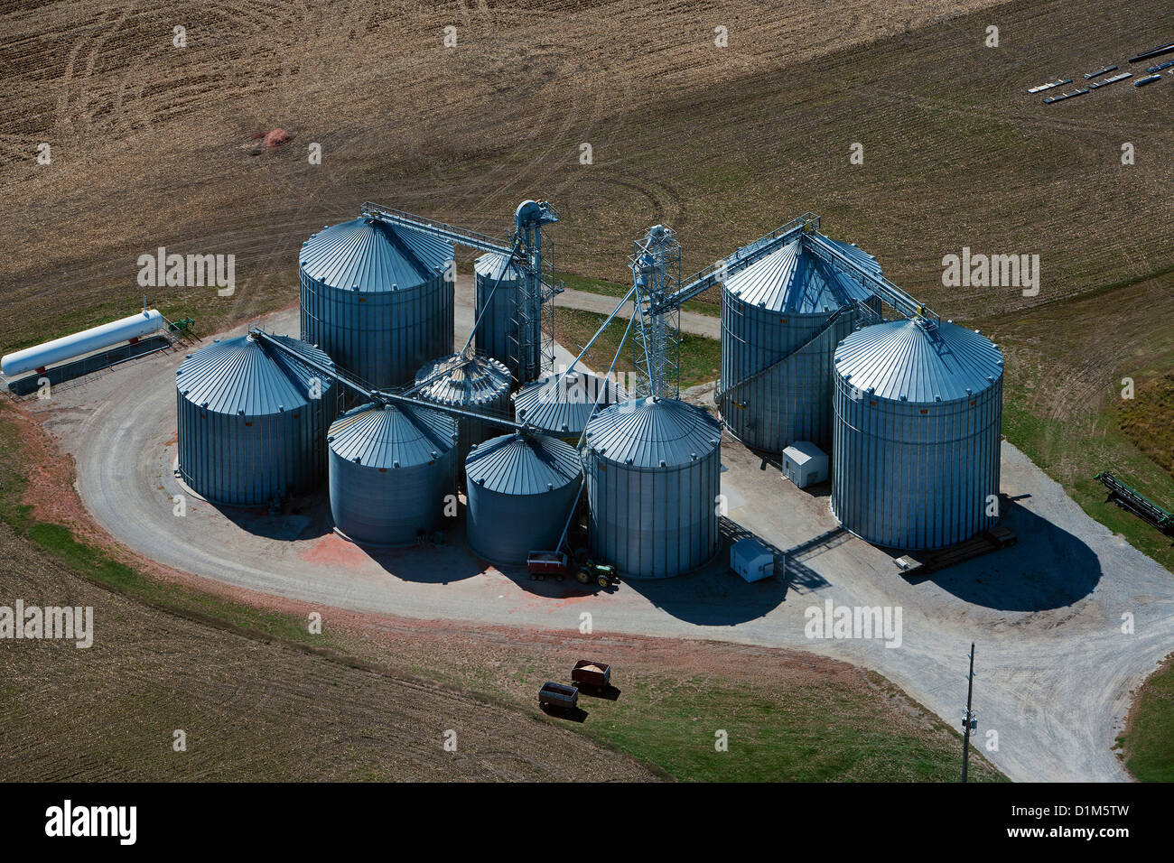 aerial photograph grain storage bins Iowa Stock Photo