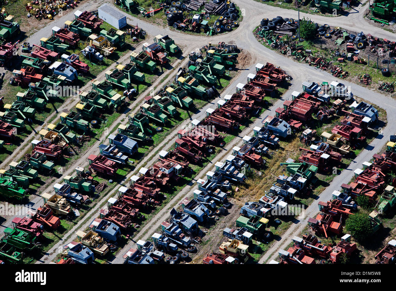 aerial photograph used combine haresters farm equipment salvage yard Colfax Tractor Parts, Colfax, Iowa Stock Photo