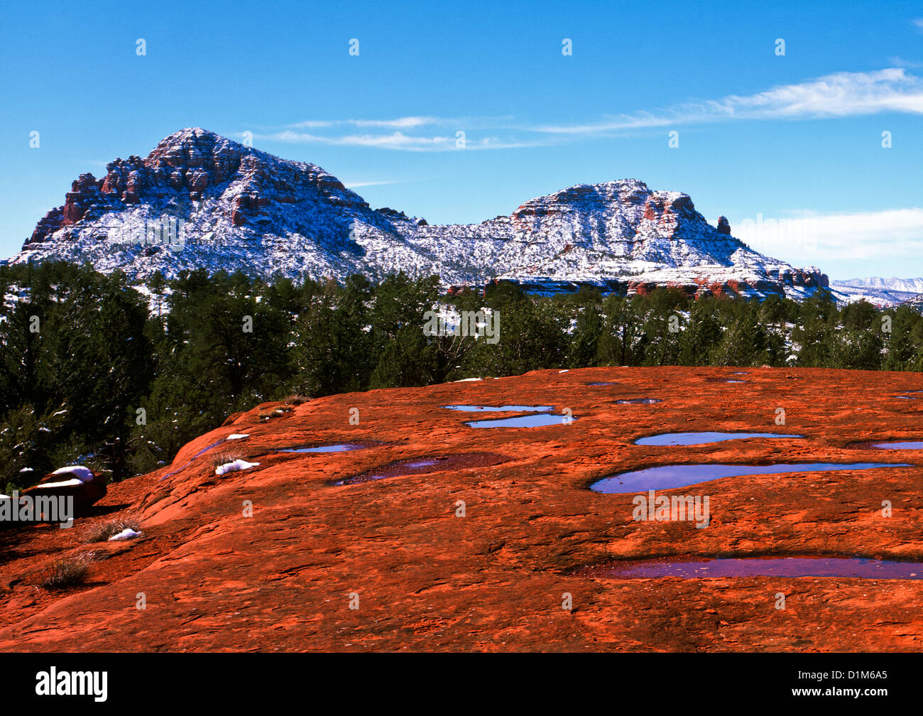 Twin Buttes with fresh snow, Munds Mountain Wilderness Area. Sedona, Arizona. USA Coconino