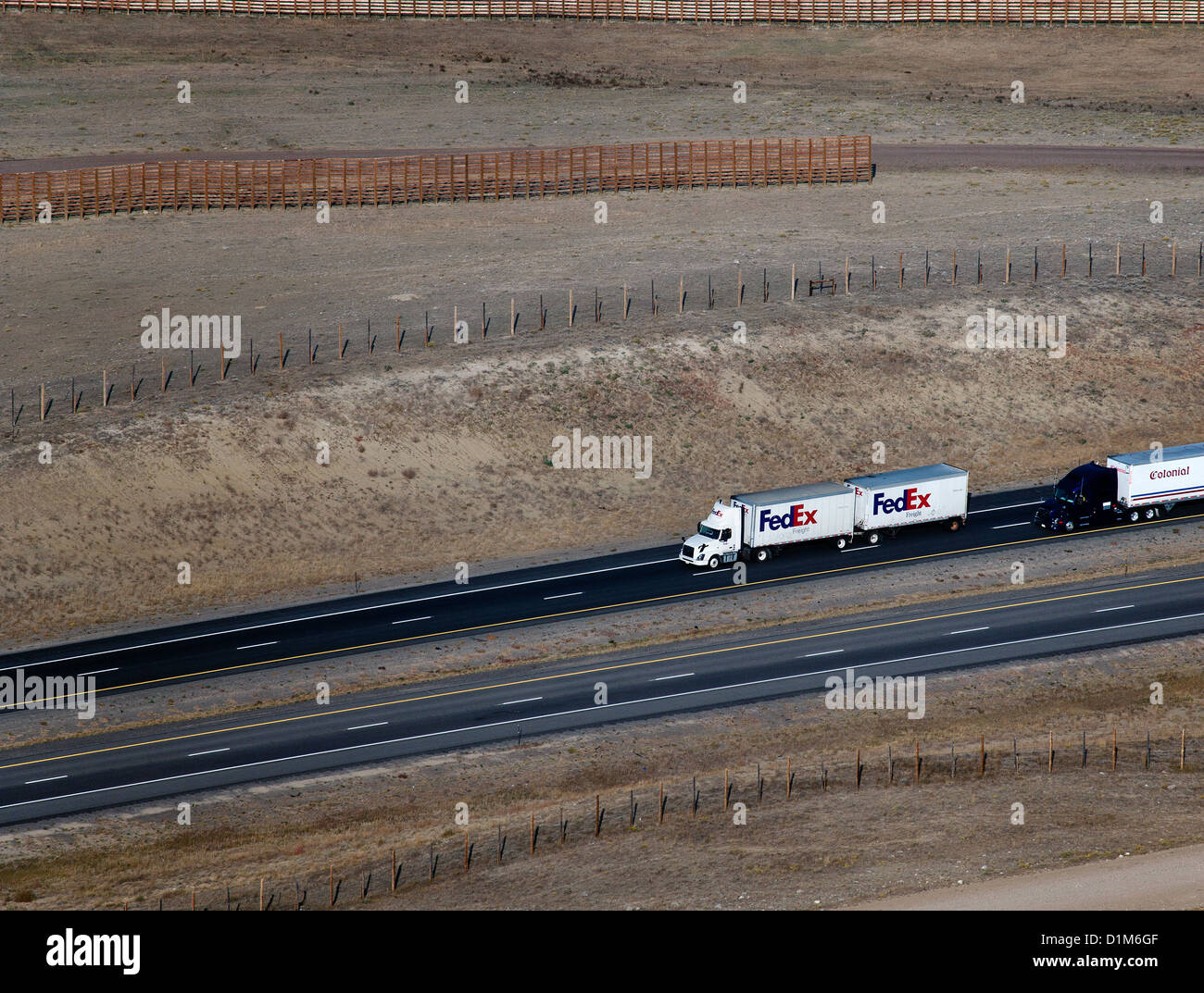 aerial photograph FedEx Freight truck interstate I 80 Wyoming Stock Photo