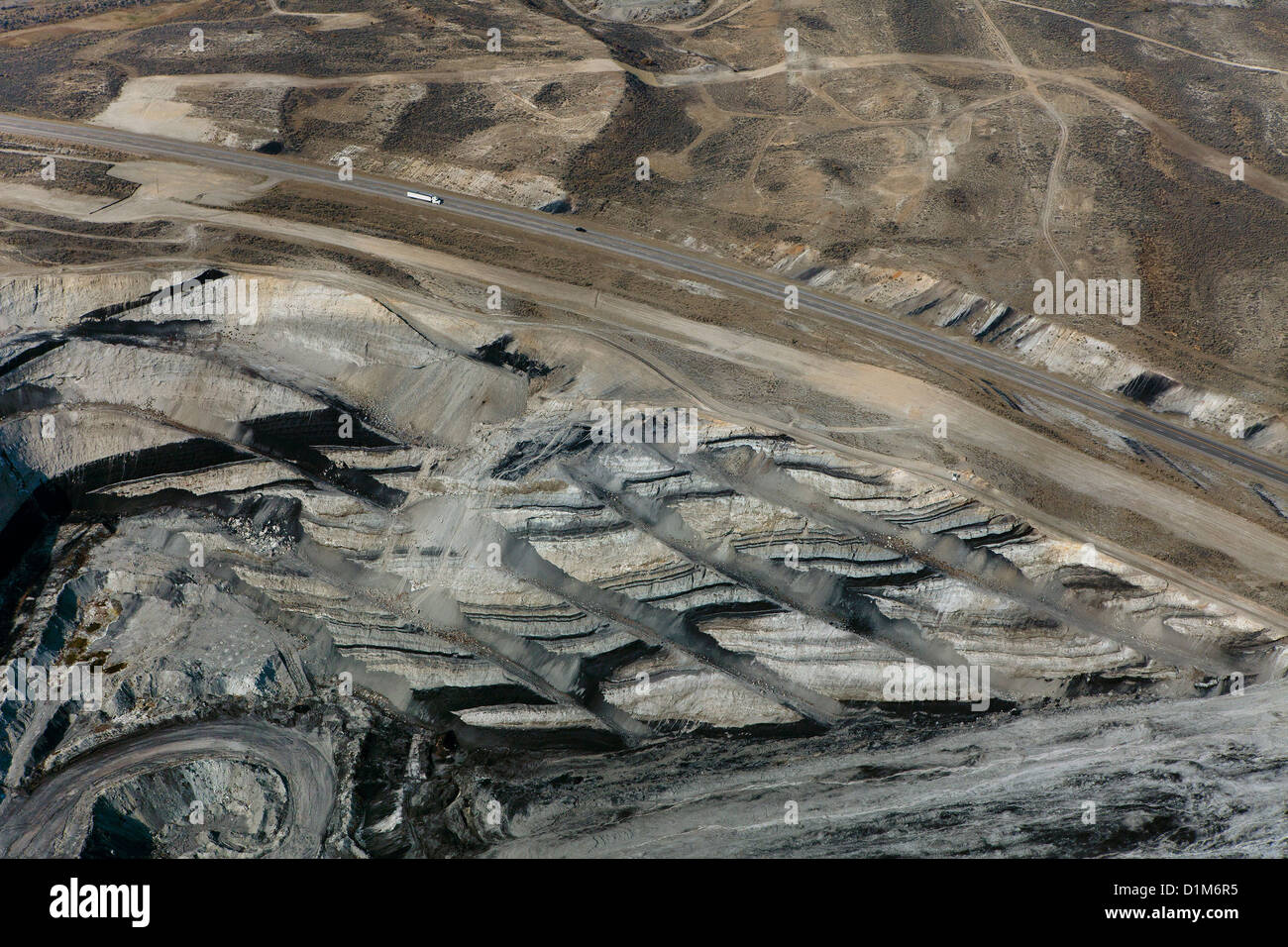 aerial photograph exposed veins of coal Interstate I-80, Kemmerer, Wyoming Stock Photo