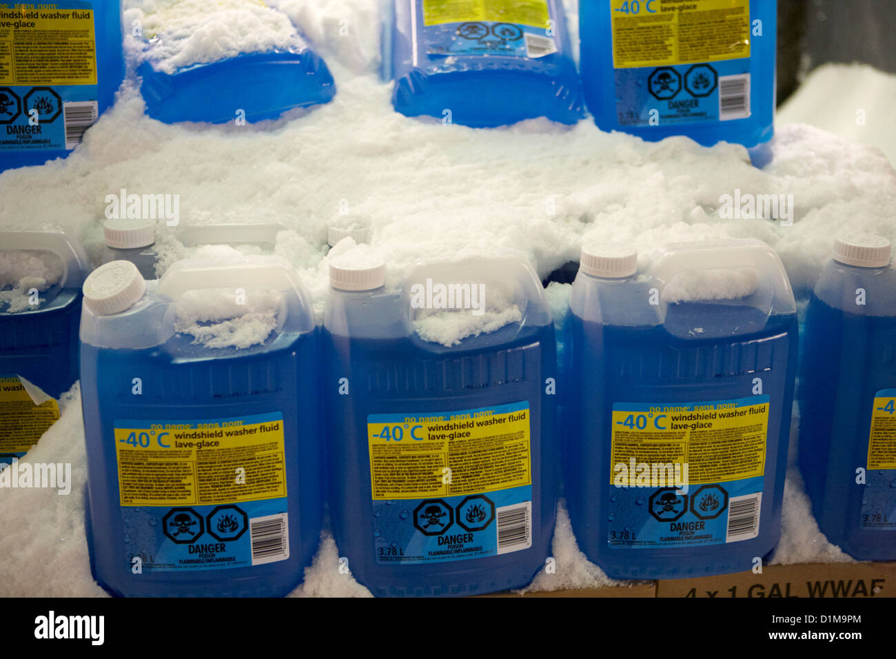 -40c windshield washer fluid covered in snow for sale outside store in Saskatoon Saskatchewan Canada Stock Photo