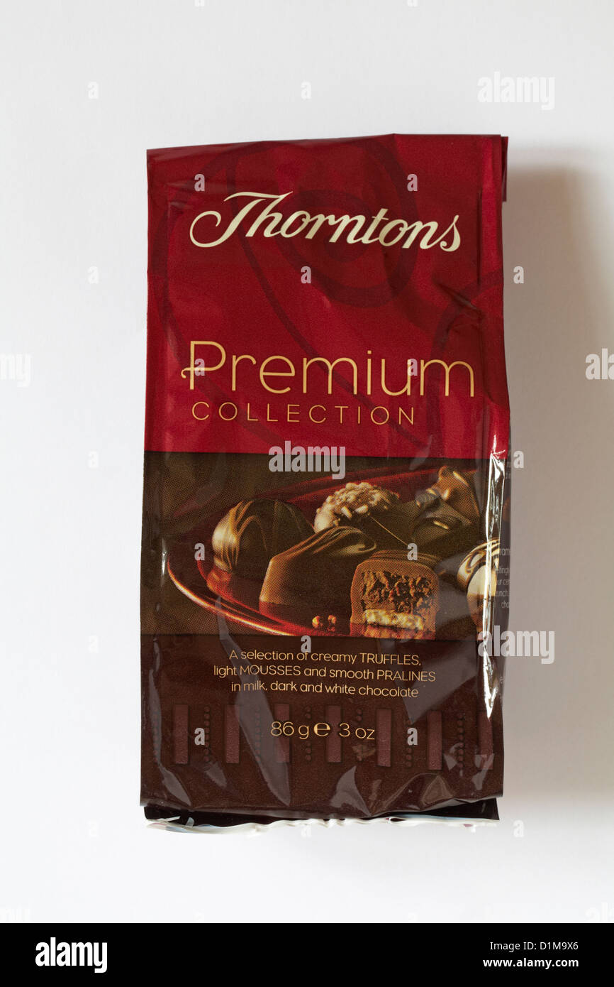 Bag of Thorntons Premium Collection chocolates isolated on white