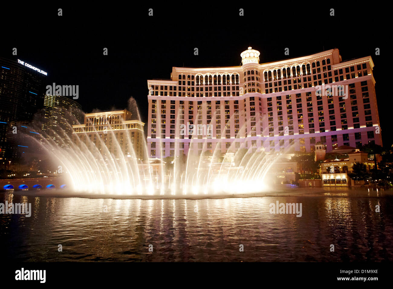 water fountain display outside the bellagio at night Las Vegas Nevada