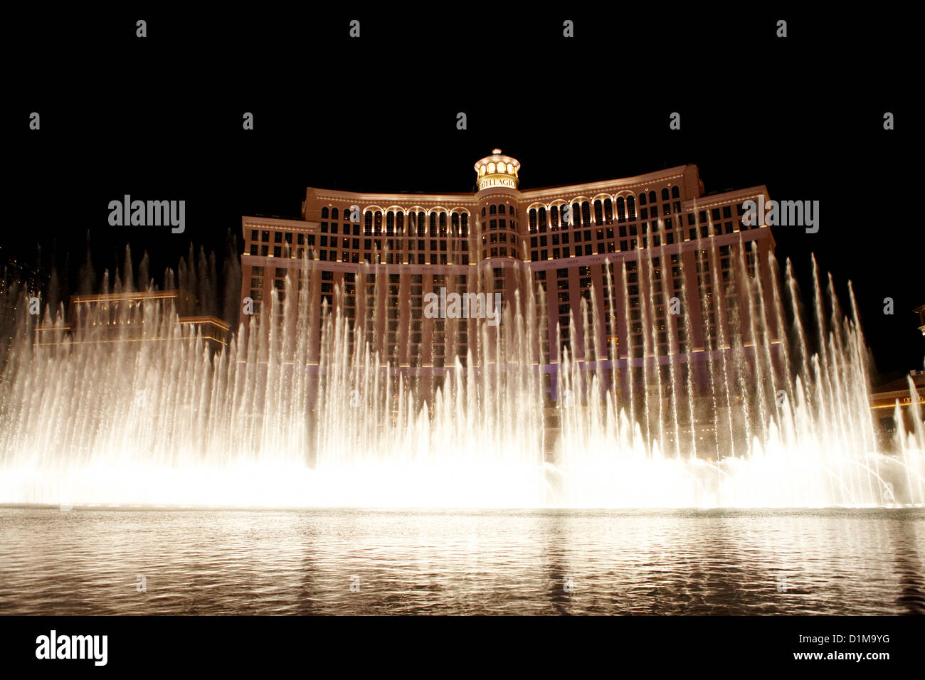 water fountain display outside the bellagio at night Las Vegas Nevada USA Stock Photo
