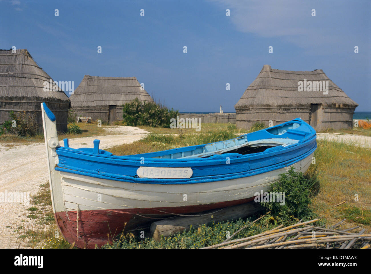 Typical old fishing hut and Catalan boat, Port Barcares, Eastern Pyrenees, Languedoc-Roussillon, France Stock Photo