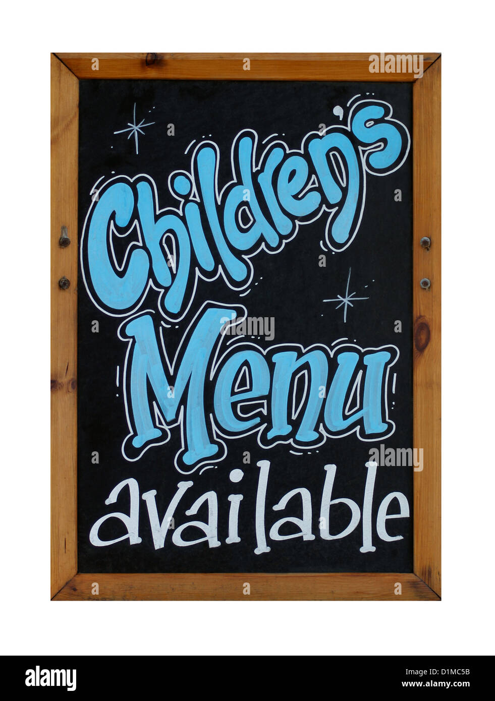 Childrens menu available sign on blackboard or chalkboard isolated on white background. Stock Photo