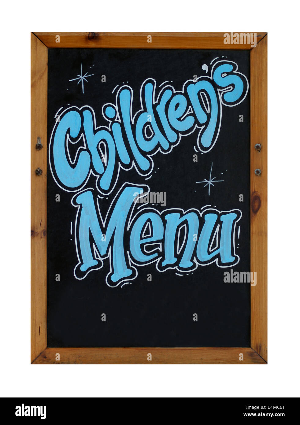 Childrens menu sign on blackboard or chalkboard isolated on white background. Stock Photo