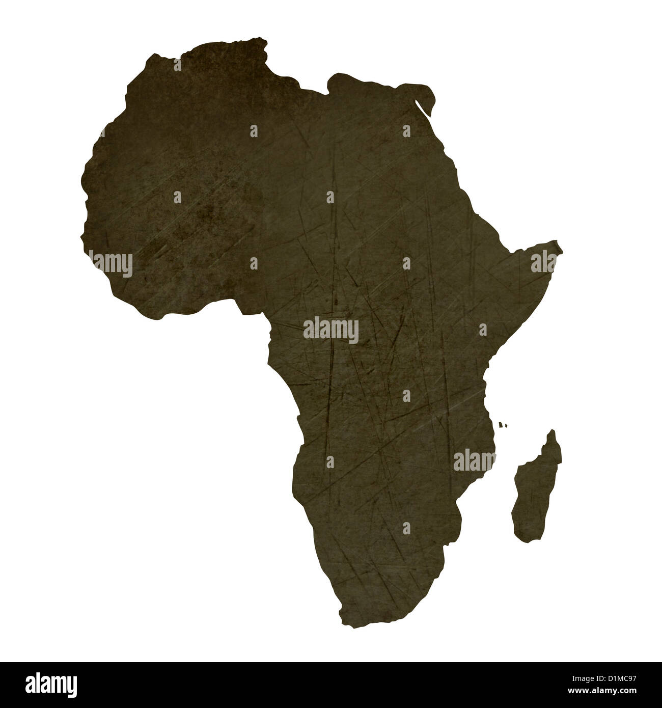 Dark silhouetted and textured map of African continent isolated on white background. Stock Photo