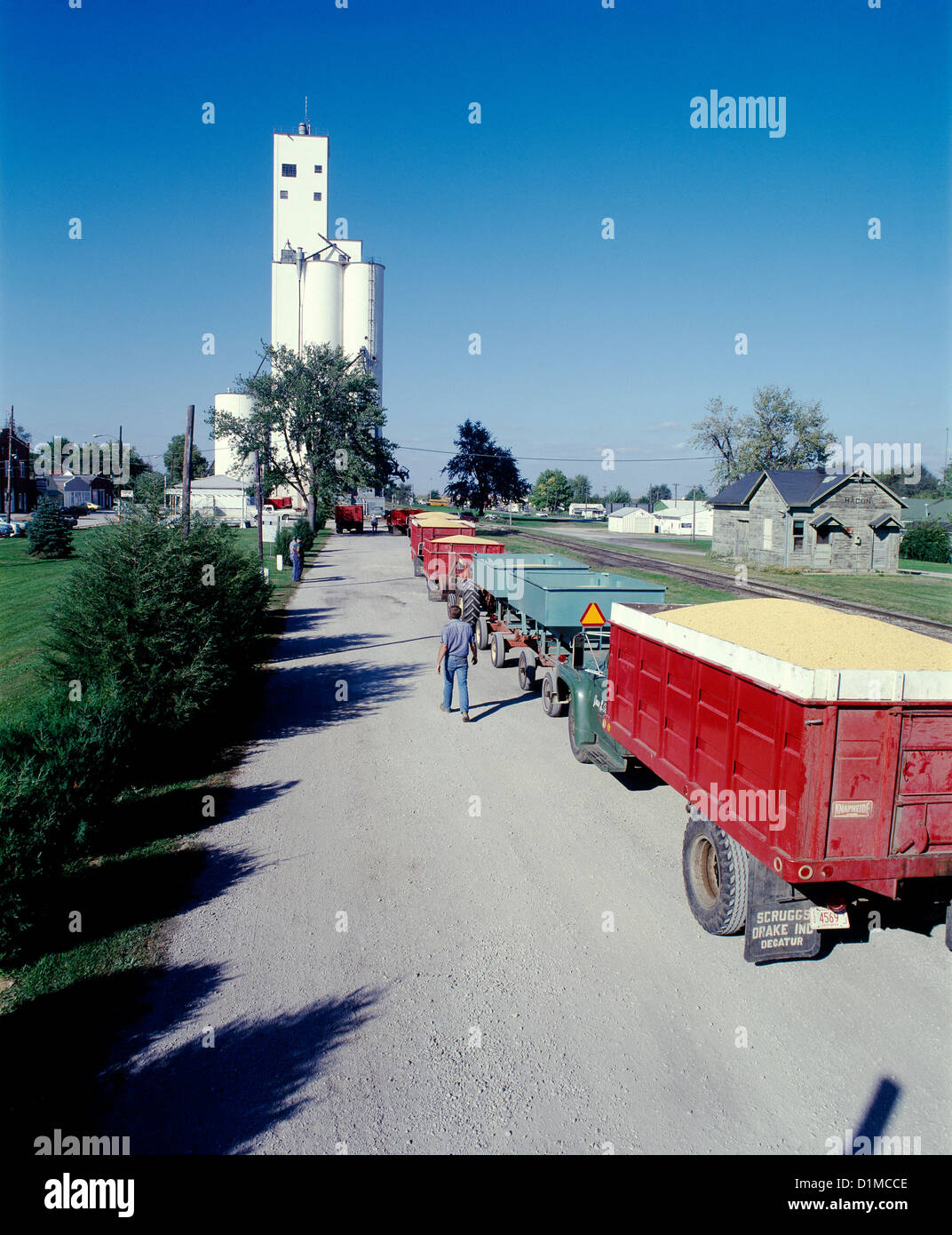 GRAIN TRUCKS WAITING IN LINE AT ELEVATOR / ILLINOIS Stock Photo Alamy