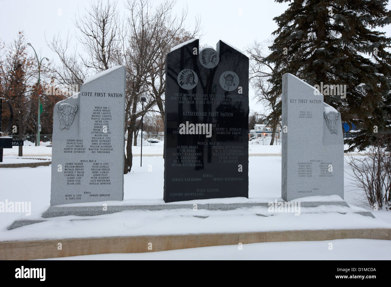 cote keeseekoose and key first nations war memorials in Kamsack Saskatchewan Canada Stock Photo