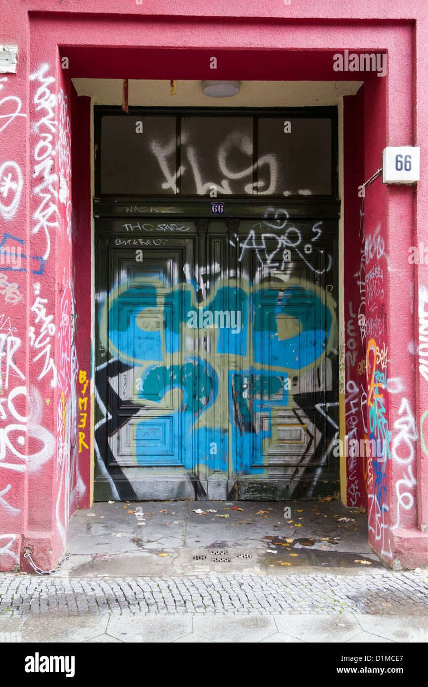 Typical Graffiti on a House Door in Berlin Kreuzberg, Germany Stock Photo