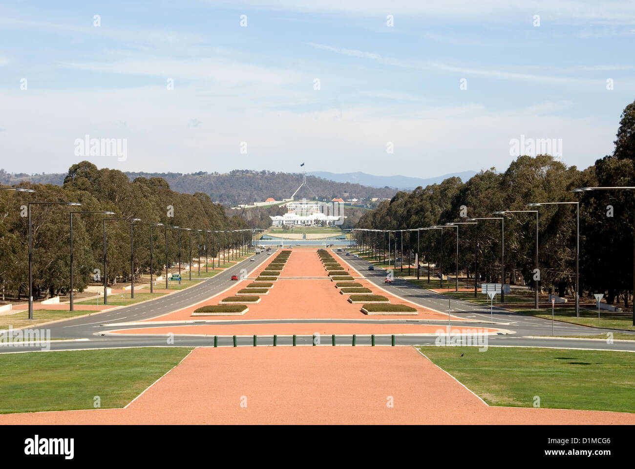 A view of Old Parliament House and New Parliament House, captured from the front of the National War Memoral, Canberra Stock Photo