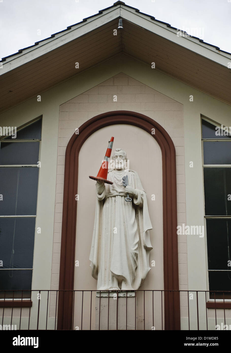 Dec. 27, 2012 - Christchurch, New Zealand - A statue of St. Peter at St. Peter's Catholic Church in the Christchurch, New Zealand, suburb of Beckenham has an orange safety cone covering  one hand, testament to damage caused by 2010 and 2011 earthquakes. (Credit Image: © PJ Heller/ZUMAPRESS.com) Stock Photo