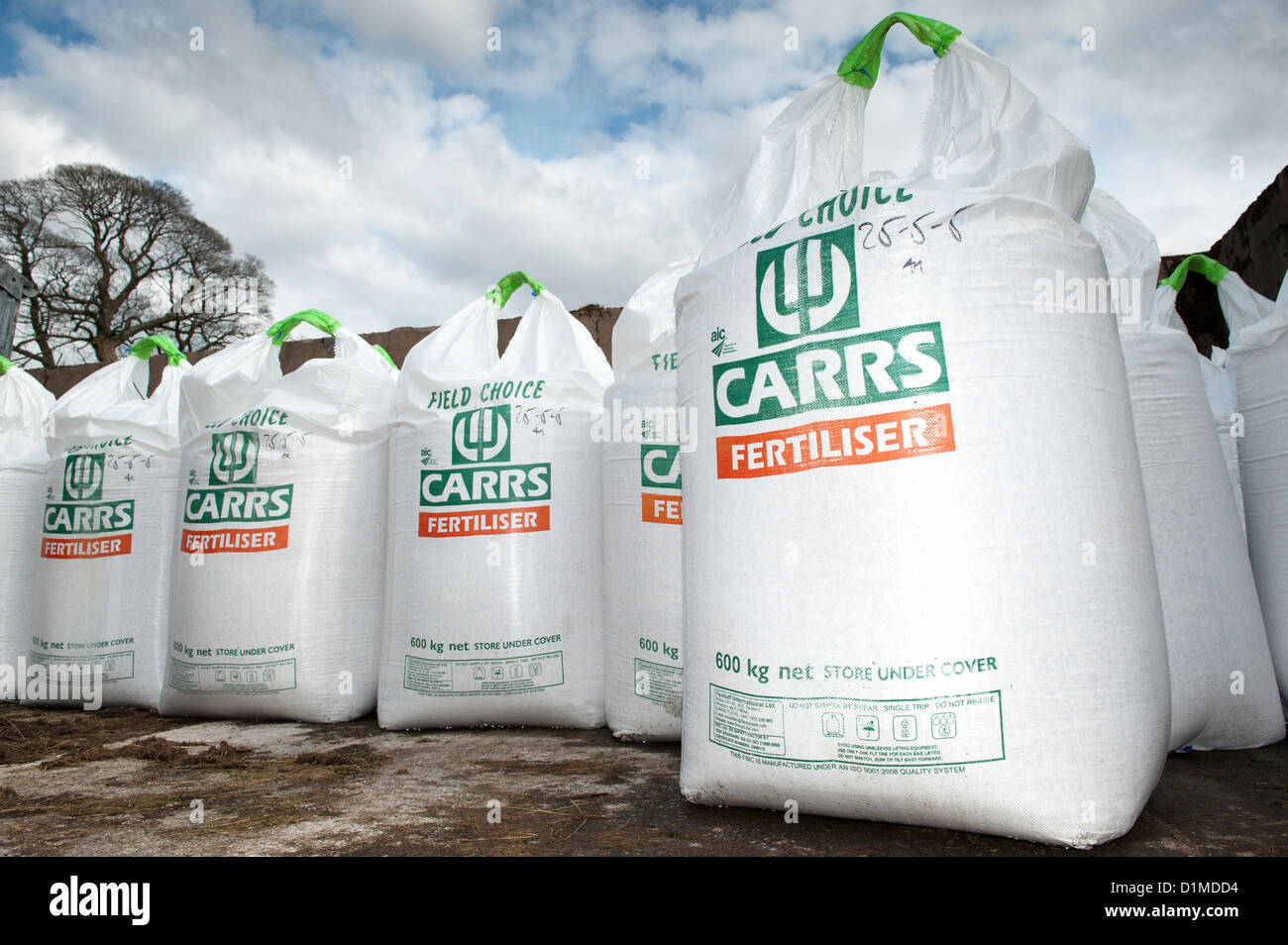 600kg Bags of fertiliser stored on farmyard, Cumbria, UK Stock Photo
