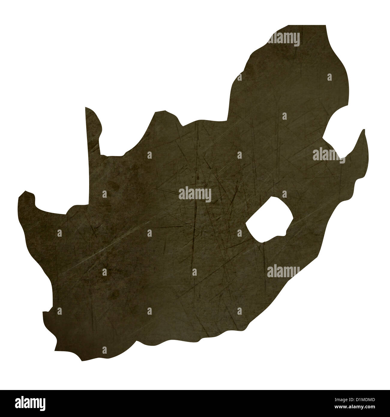Dark silhouetted and textured map of South Africa isolated on white background. Stock Photo