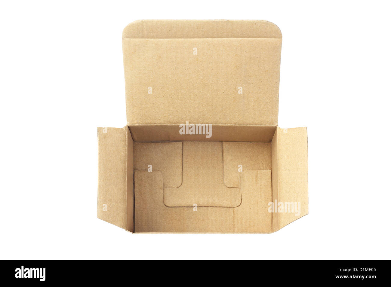 Elevated View of an Open Cardboard Box on White Background Stock Photo