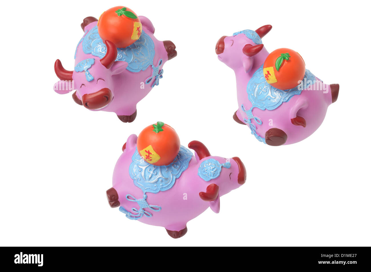 Ox Figurines Chinese New Year Ornaments on White Background Stock Photo