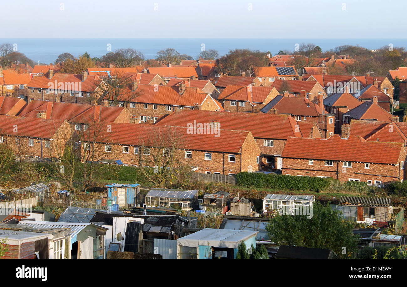 Traditional English red brick housing estate with allotment buildings in foreground, Scarborough, North Yorkshire, England. Stock Photo