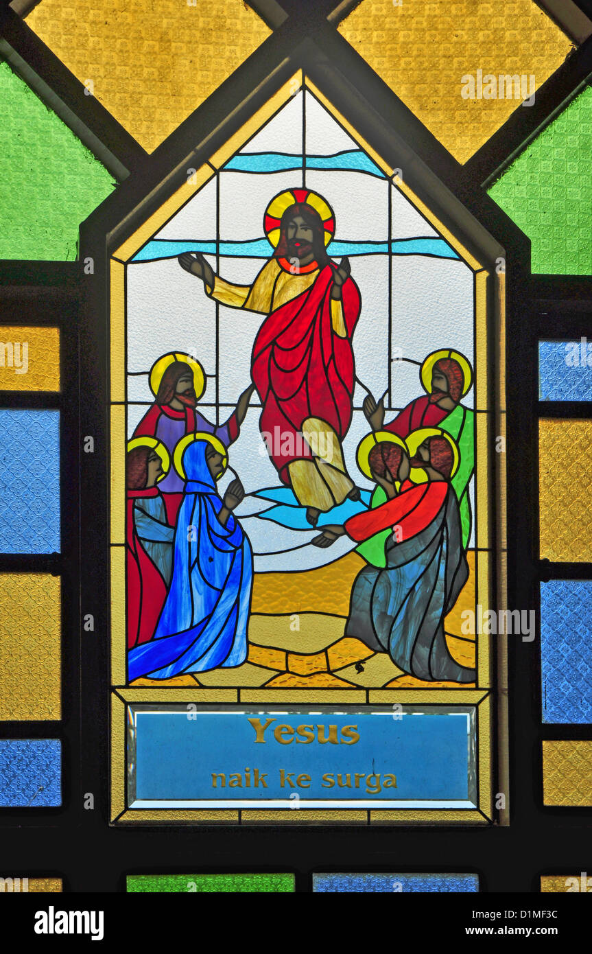 INDONESIA, Flores, Larantuka, Catholic Cathedral, stained glass, Jesus ascends into heaven Stock Photo