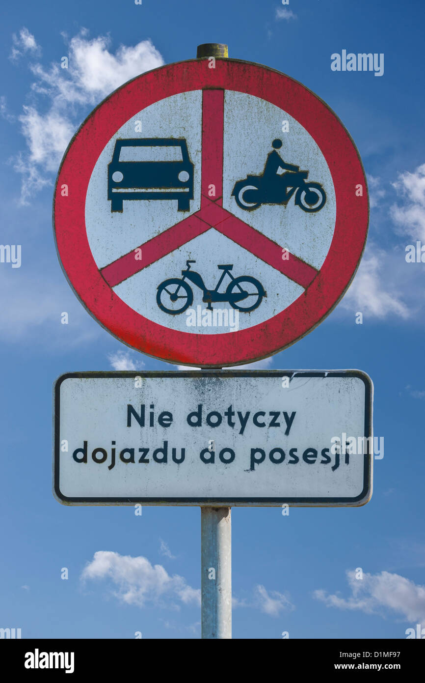Polish road sign, ban on motorcycles, mopeds and cars, Poland, Europe, background sky Stock Photo