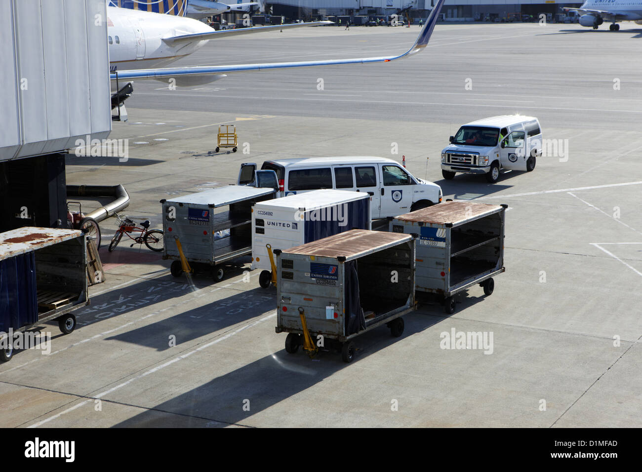 united airlines luggage carts and service vehicles on stand at San