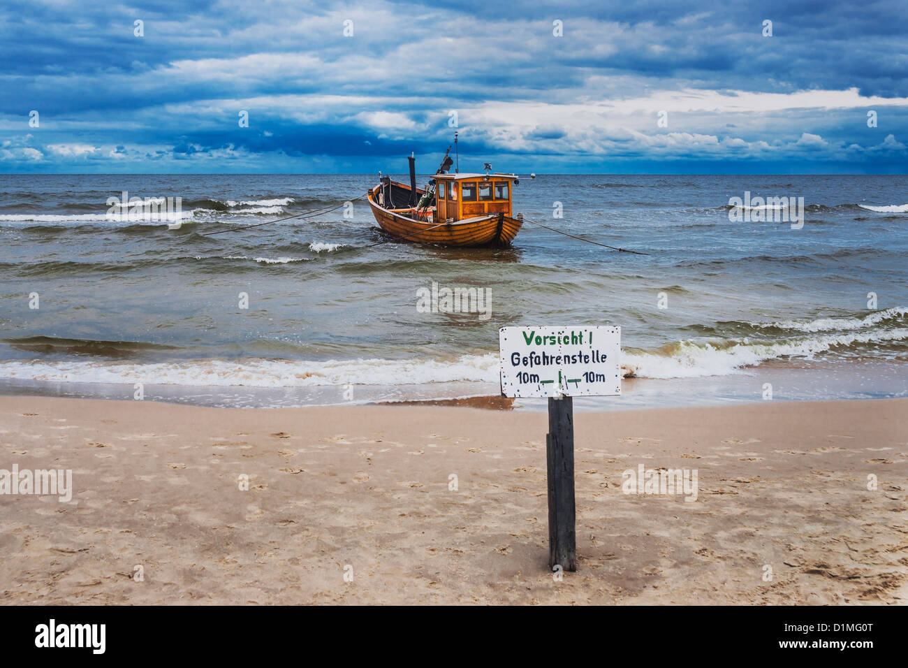 One Fishing boat at the beach of the Baltic Sea, Ahlbeck, Usedom Island, Mecklenburg-Western Pomerania, Germany, Europe Stock Photo