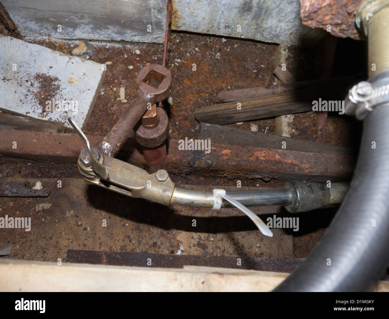 HeathRobinson repair to a boat steering gear and mechanism Stock Photo
