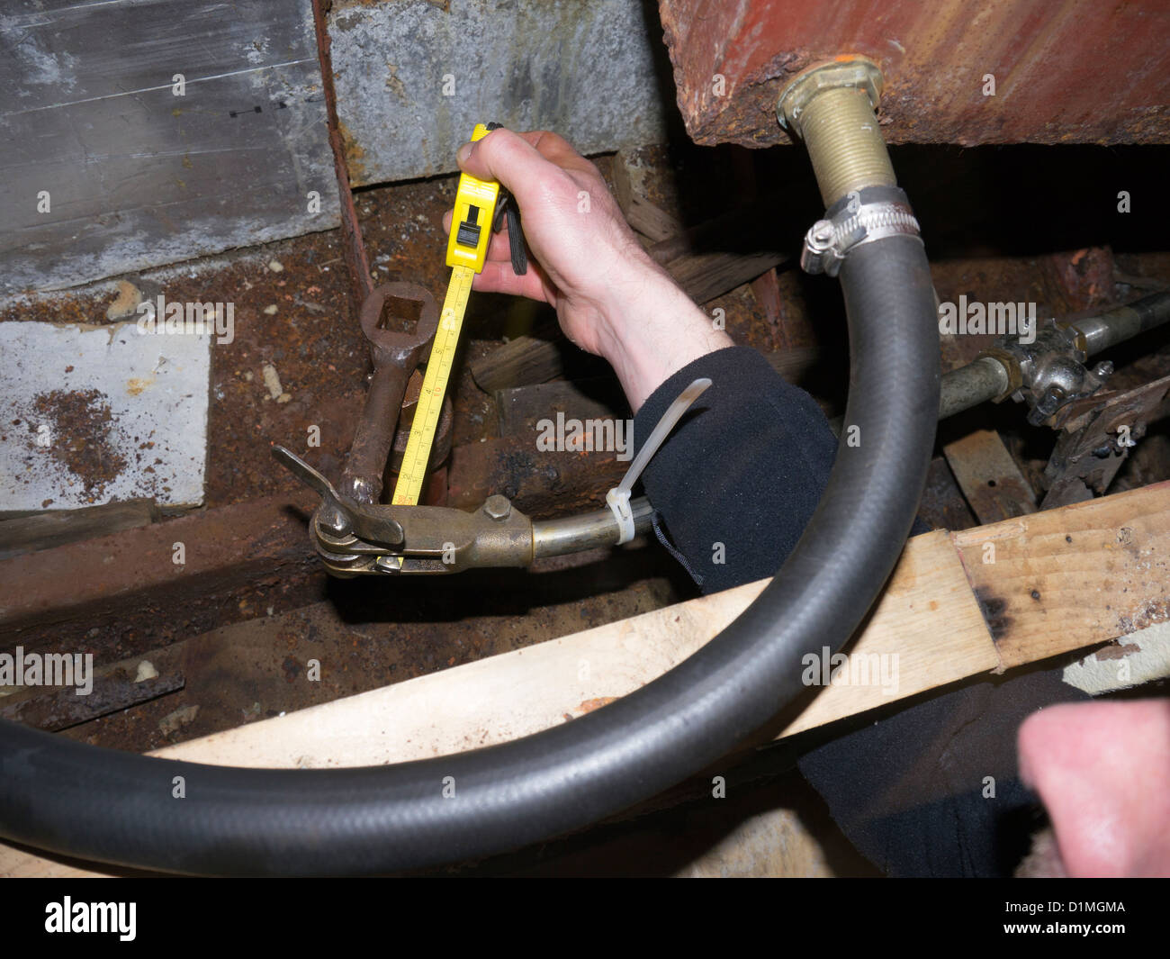 HeathRobinson repair to a boat steering gear and mechanism Stock Photo