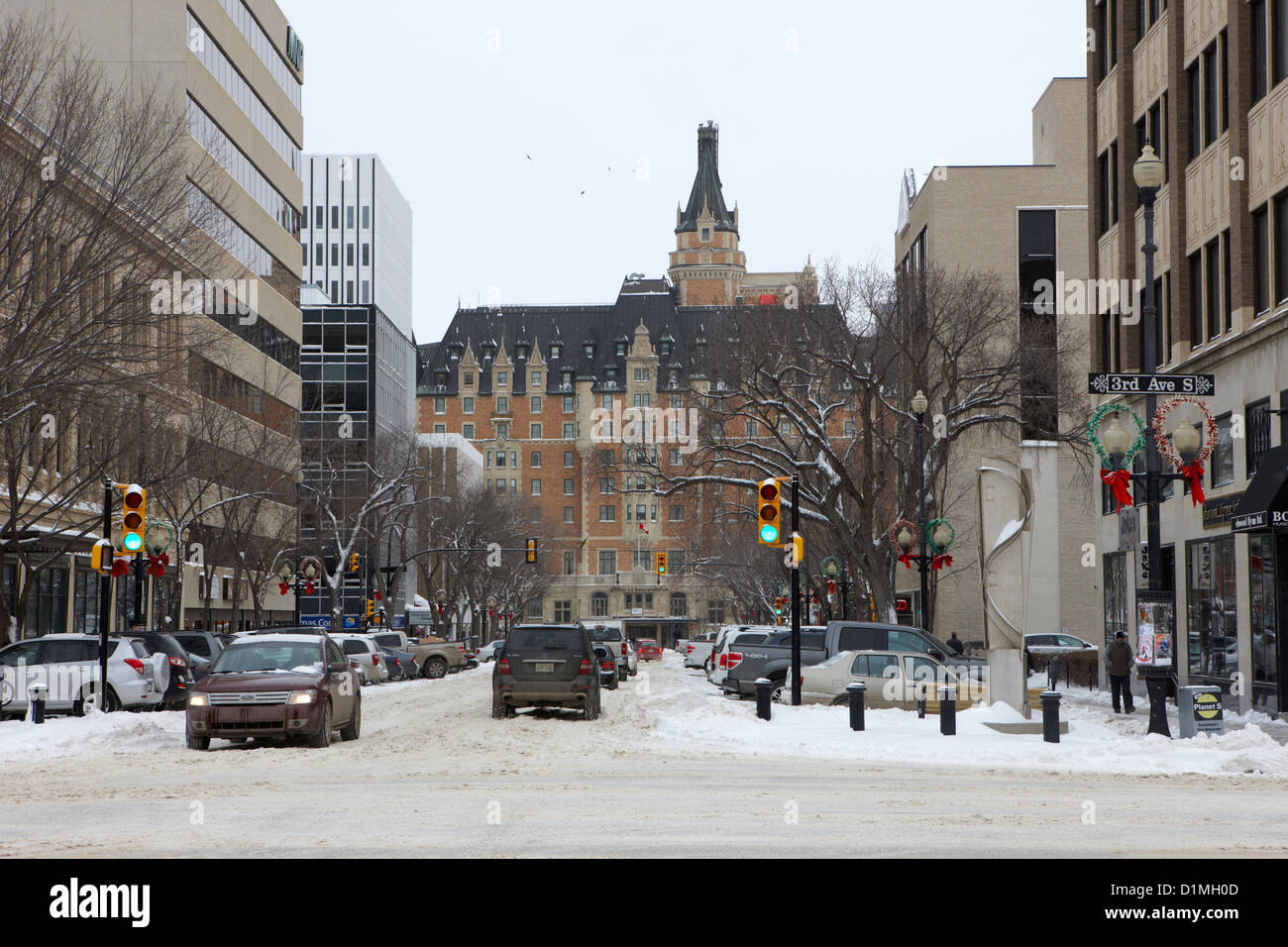snow covered downtown Saskatoon Saskatchewan Canada Stock Photo