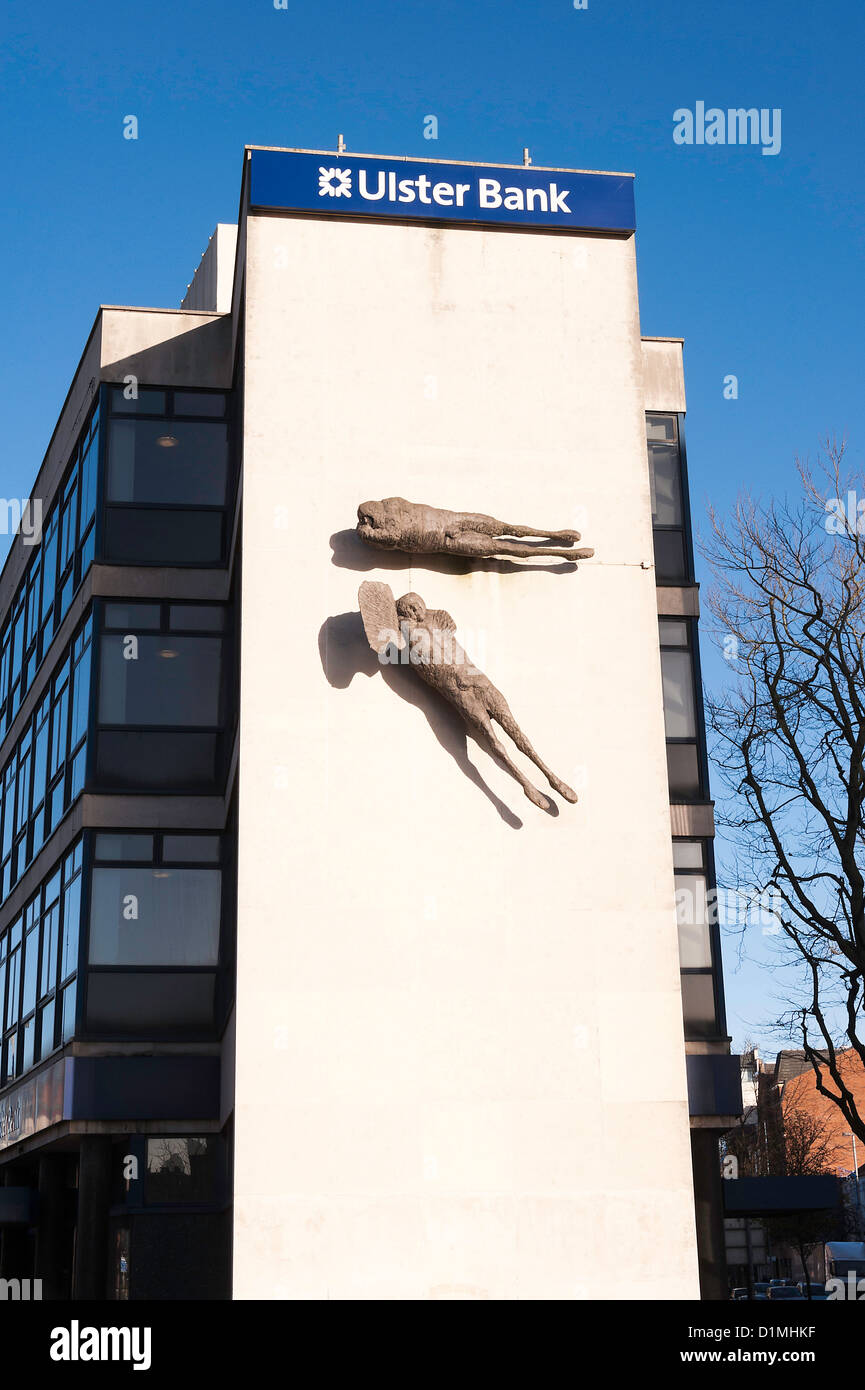 The Ulster Bank Building with Flying Figures Sculpture in Shaftesbury Square Belfast County Antrim Northern Ireland UK Stock Photo
