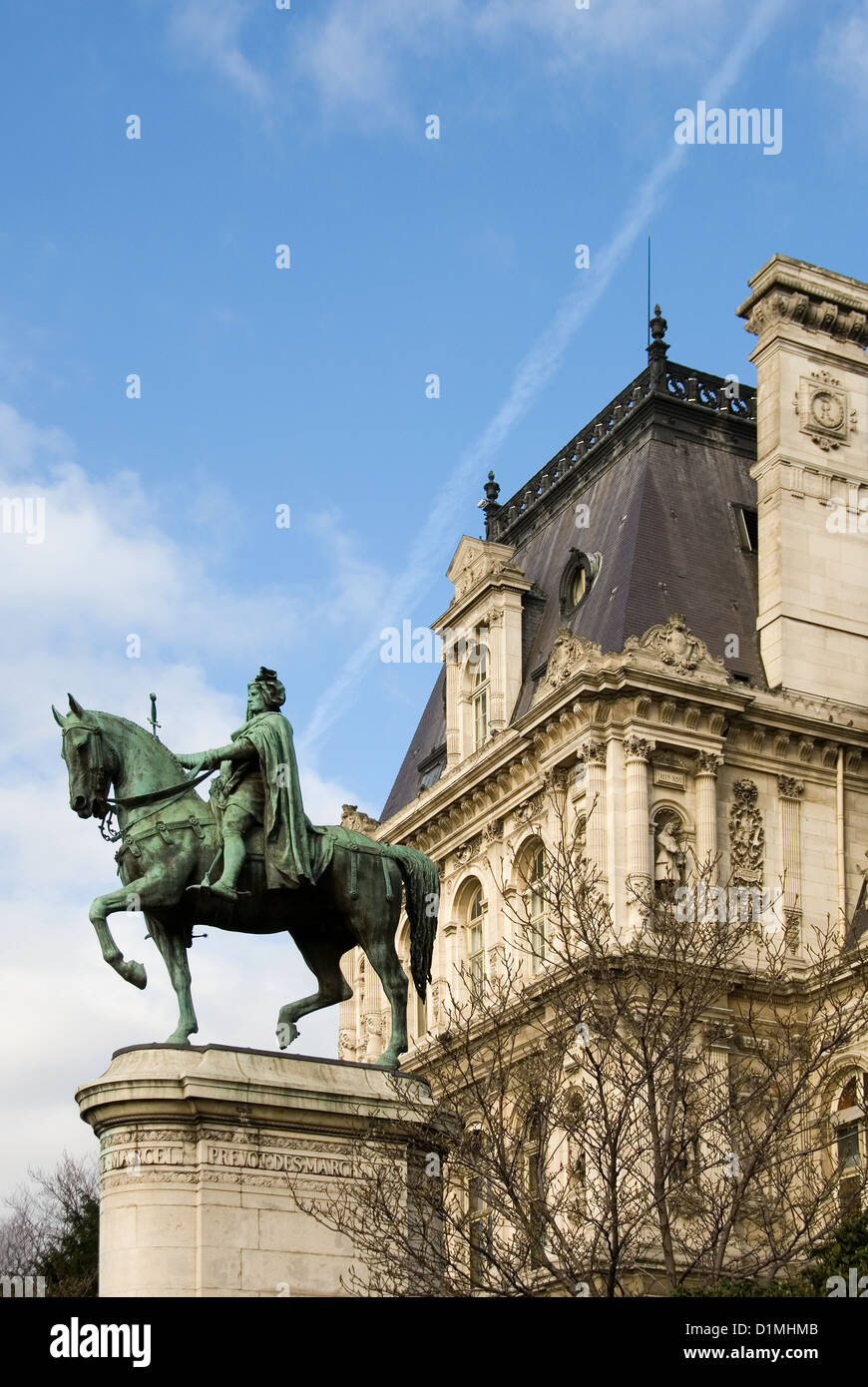 The bronze statue of Etienne Marcel proudly standing beside the Hotel de Ville, Paris, France Stock Photo