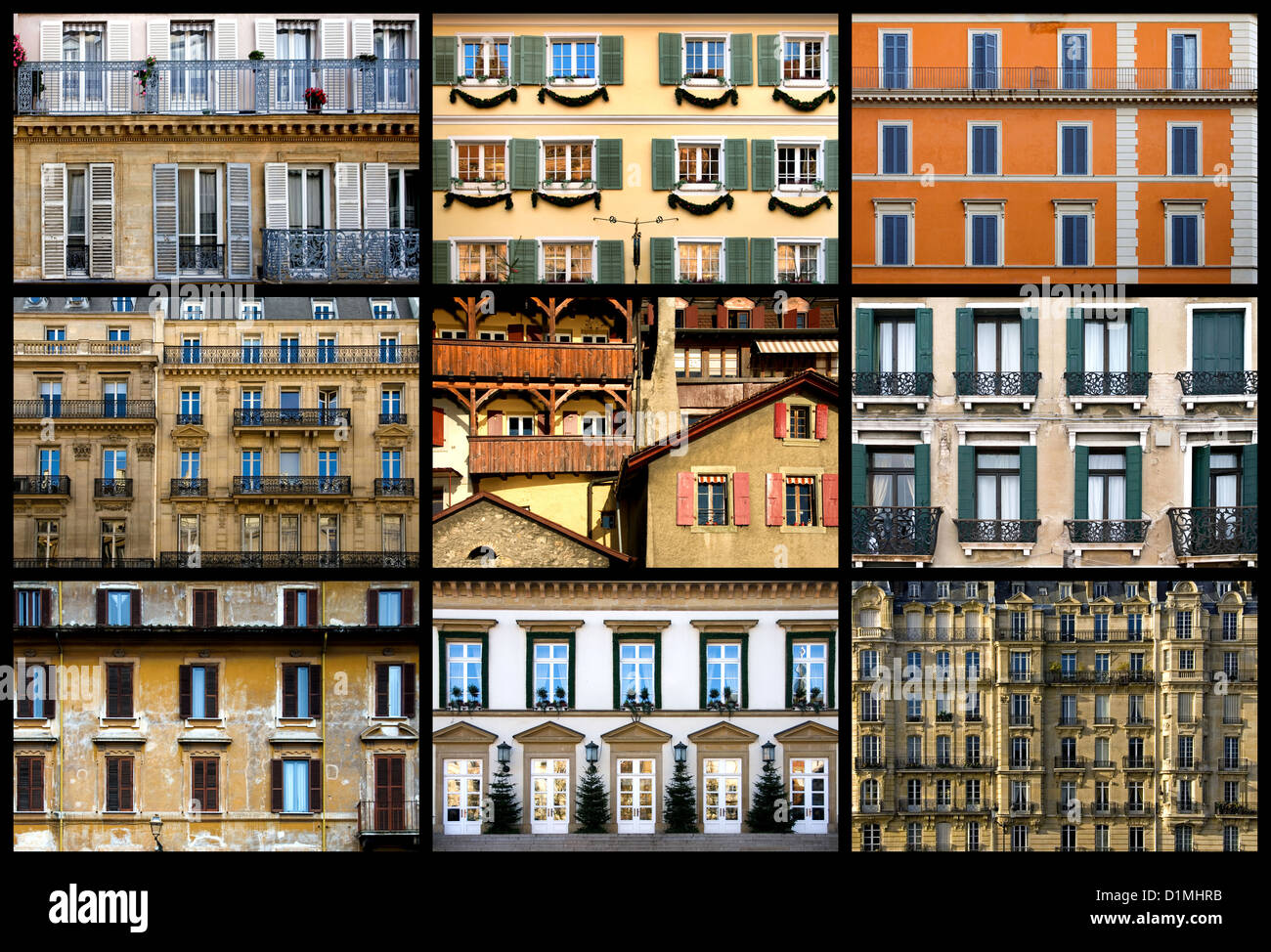 A collection of images that features the facades of apartment and public buildings from different countries in Europe Stock Photo