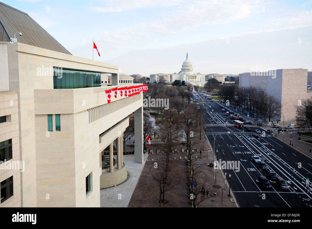 USA Washington DC looking along Pennsylvania Avenue towards the U.S. Capitol Building and Canadian Embassy on left winter Stock Photo