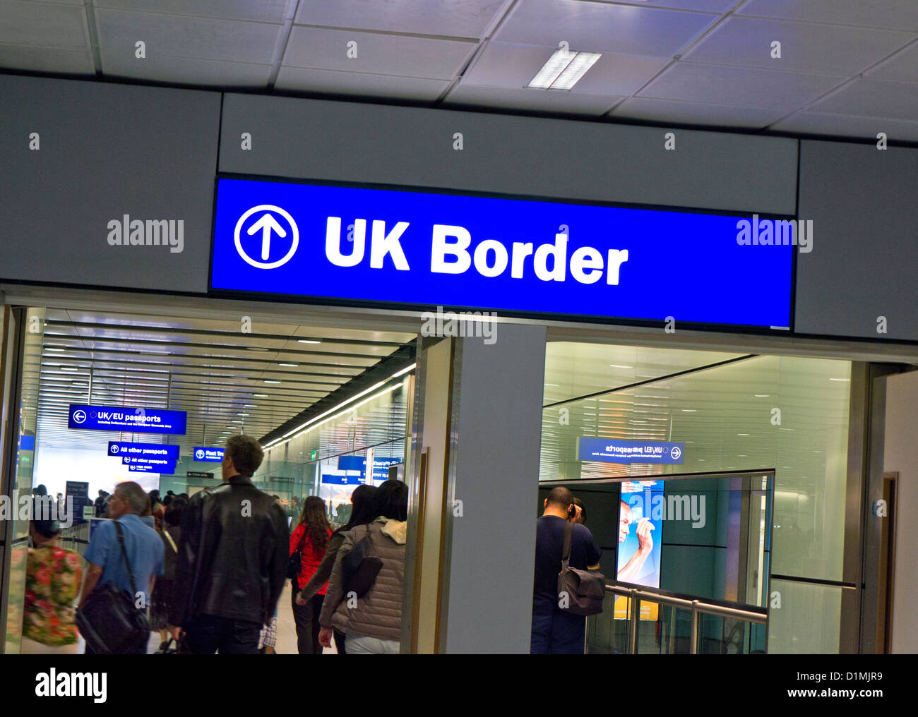 UK Border Control passport scrutiny area sign signage for arrivals arriving airline passengers at London Heathrow Airport terminal 3 UK Stock Photo