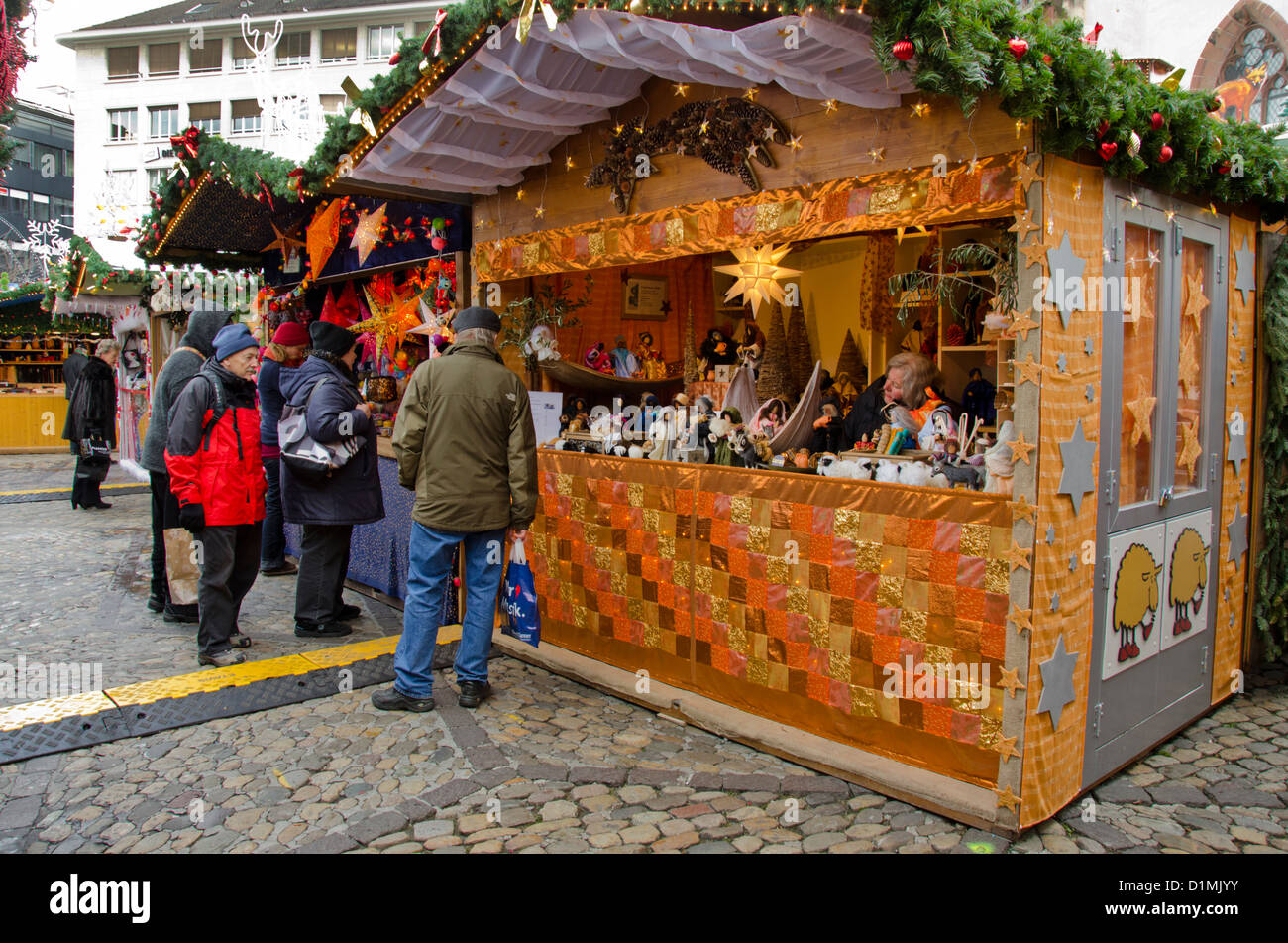 Switzerland, Basel. Basel Winter Holiday Market (aka Basler Weihnacht) at Barfusserplatz. Stock Photo