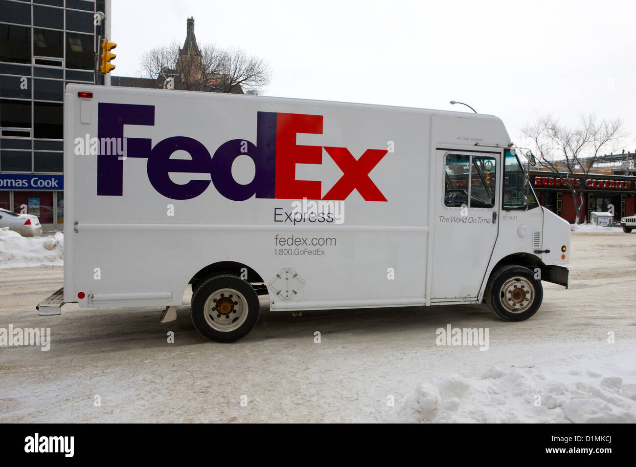fedex express delivery truck in cold weather Saskatoon Saskatchewan Canada Stock Photo