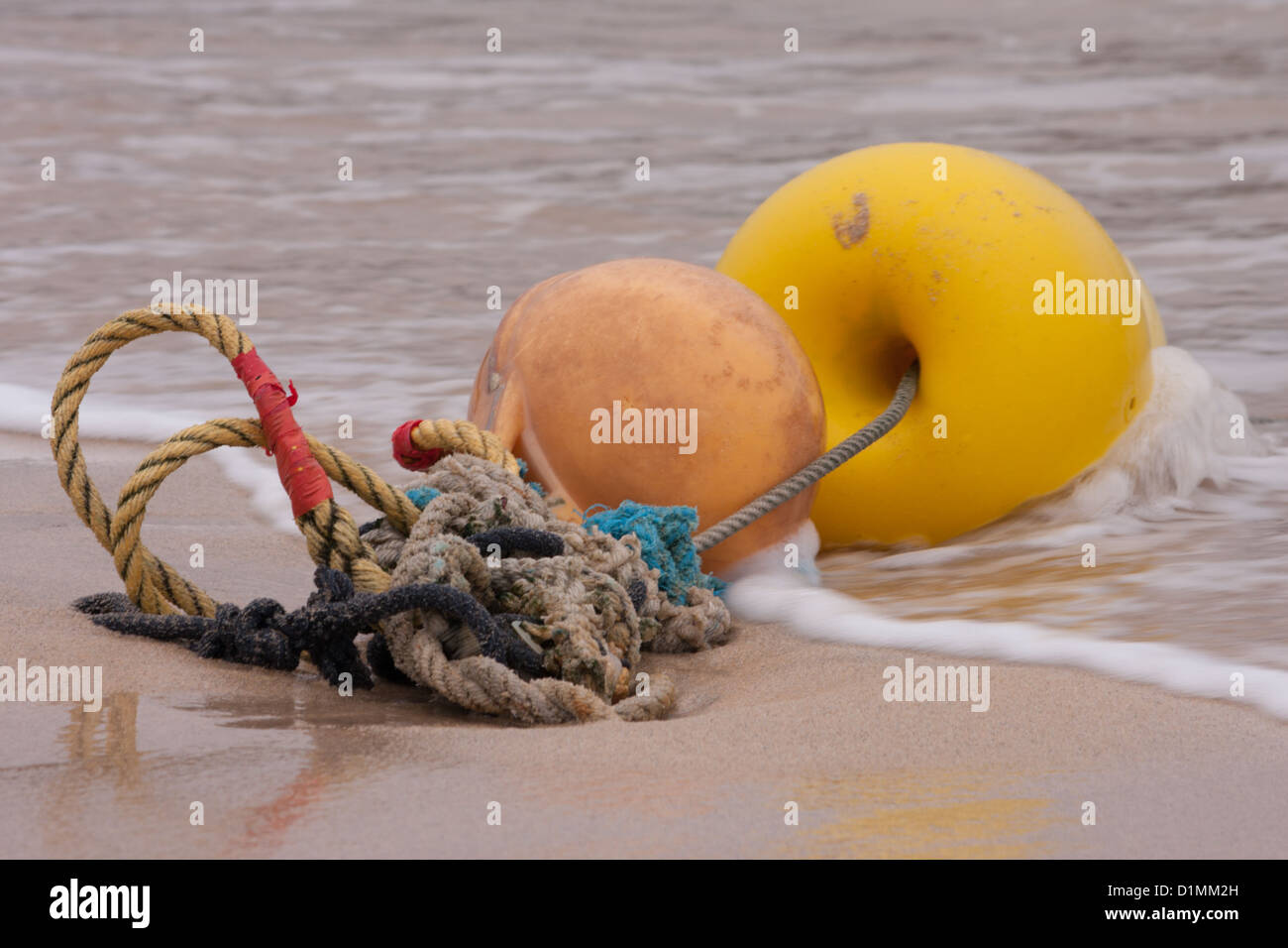 Yellow and orange mooring buoys at the water's edge Stock Photo Alamy