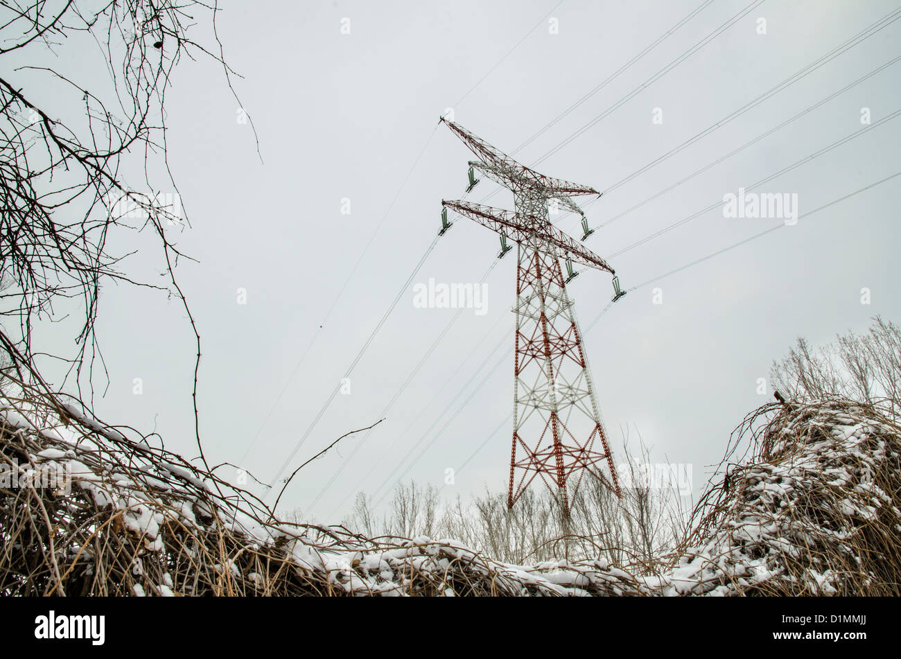A Power Pylon in dusk during winter Stock Photo - Alamy