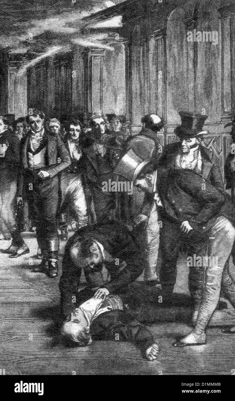 The Assassination of Spencer Perceval in the House of Commons, 1812; Black and White Illustration; Stock Photo