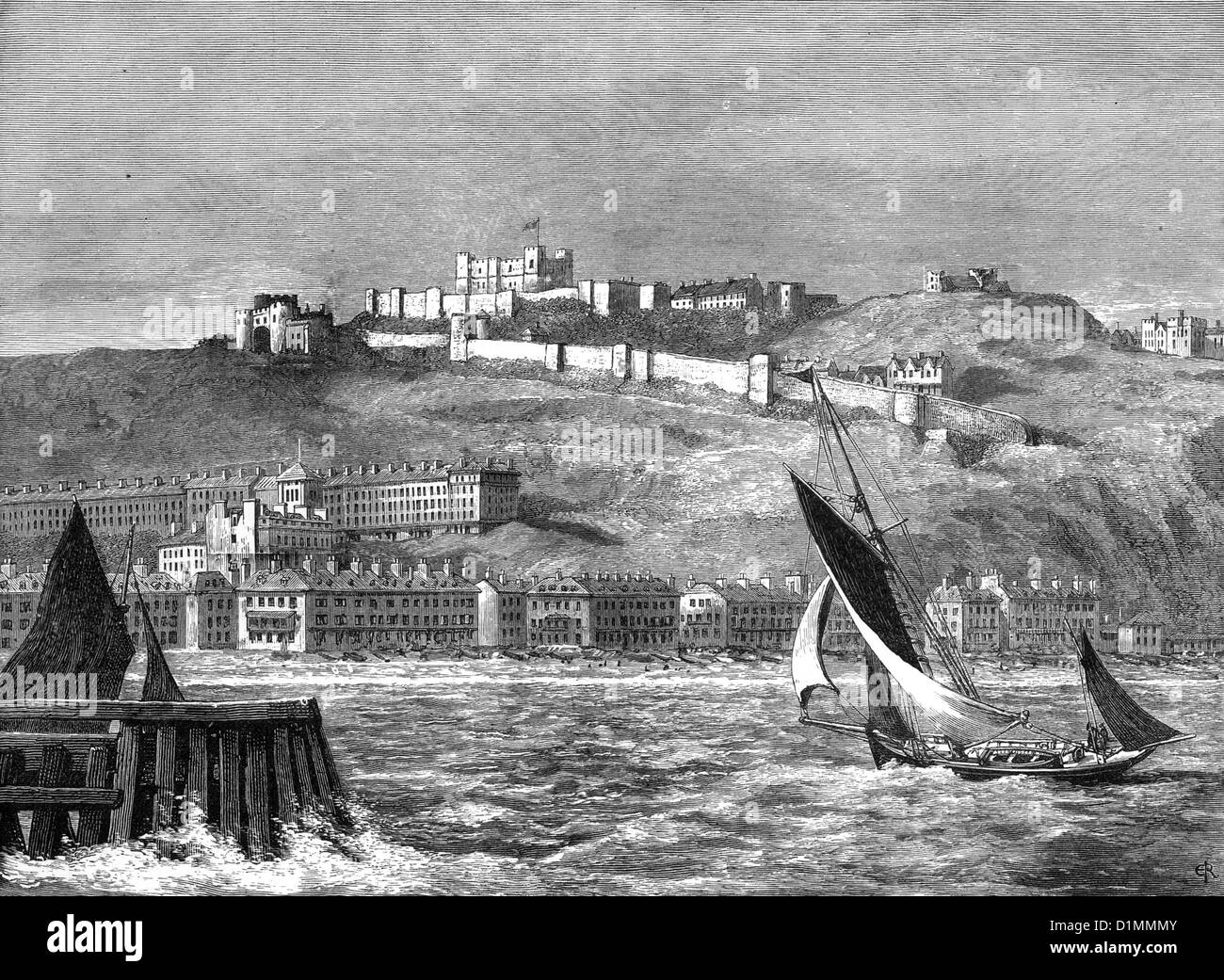 Dover from the Sea; 19th Century. Black and White Illustration Stock Photo