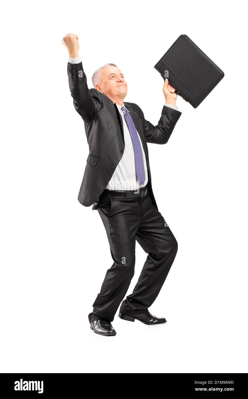 Full length portrait of a happy mature businessman with raised hands ...